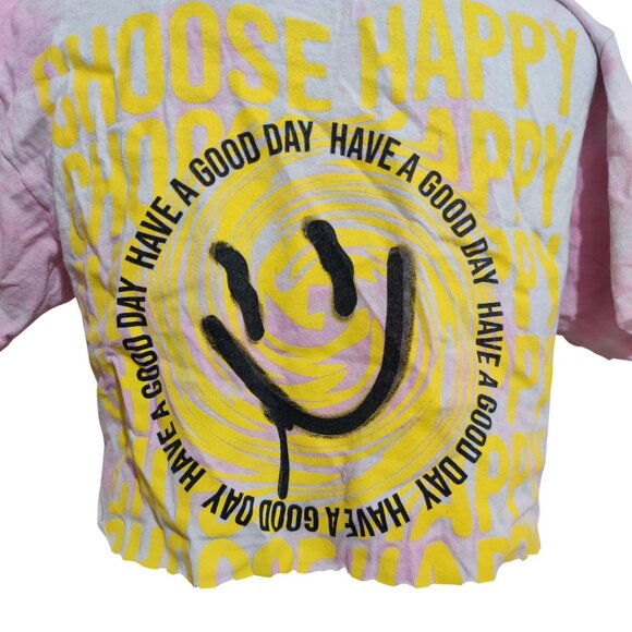 Upcycled Womens Crop Top Have A Good Day Smiley Face Tie Dye Pink White sz M - Picture 4 of 6